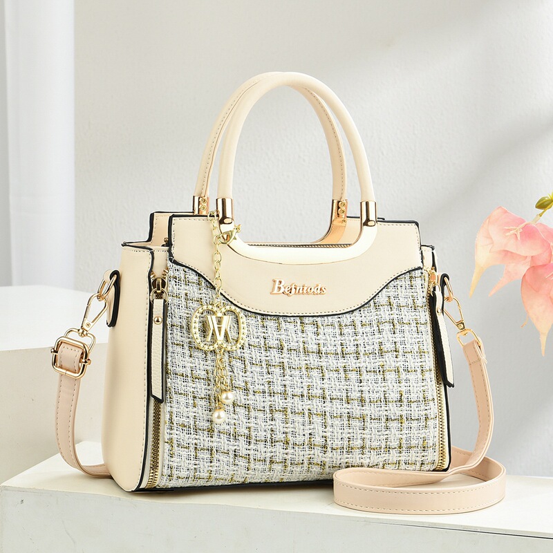 New Style Tweed Color-Block Handbag for Women, Fashionable Versatile Shoulder and Crossbody Bag, Large Capacity Commuter Bag for Moms