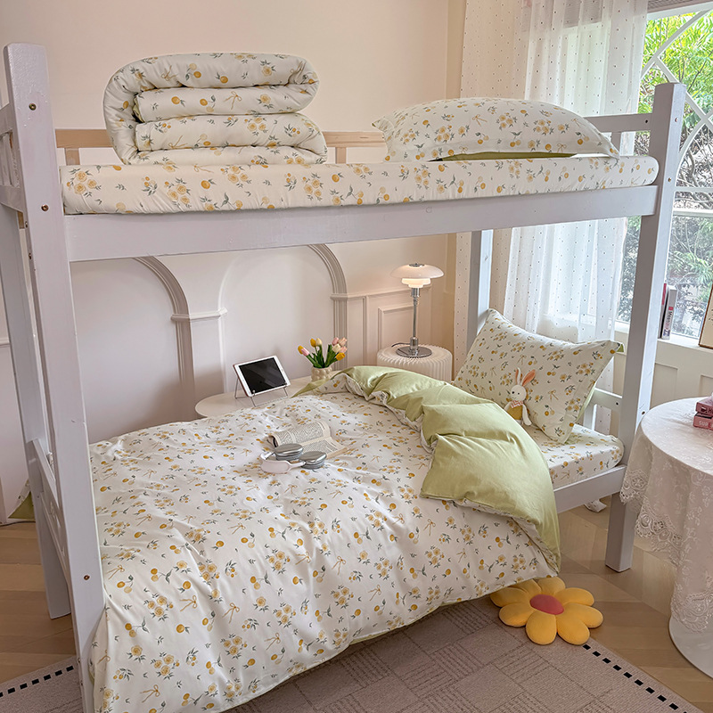 Juego de cama de dormitorio de estudiantes universitarios de tres piezas de algodón puro algodón lavado de algodón sábana individual funda de edredón juego de cama de cuatro piezas