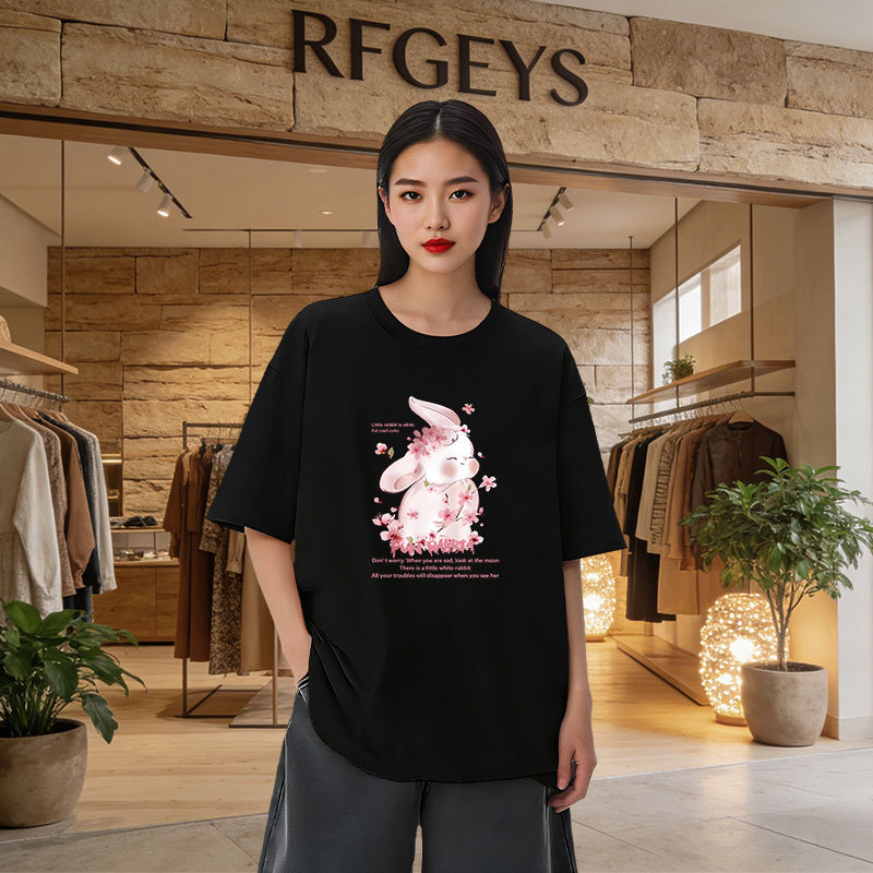 Summer Cute Style Rabbit Print T-Shirt for Plus-Size Women, Mid-Length, Lazy Style, Short-Sleeved, Oversized, Loose-Fitting Women's Clothing 150kg