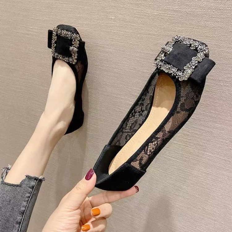 Zapatos de malla de encaje transpirables para mujeres 2026 verano superficial cabeza cuadrada de diamante para mujeres zapatos de suela suave zapatos de frijol