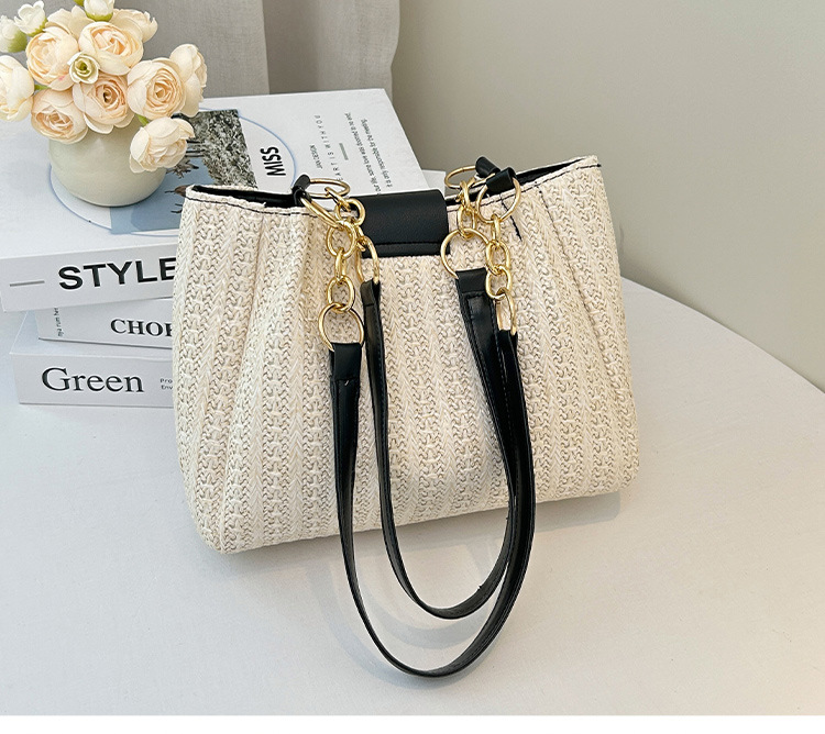 360g Weight Polyester Lining Material Lock clasp Closure Type Double Handle Strap Type Tote Bag Bags Type Daily Occasion Pu Leather, Straw Material Color Block Pattern All Seasons Season Women's Gender Streetwear Style Bucket Shape Medium Size Women's Medium Pu Leather Straw Color Block Streetwear Bucket Lock Clasp Tote Bag 12