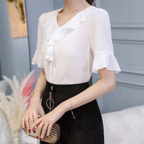 Women's Short Sleeve Summer Korean Style Collar Fitted Slimming Casual Versatile Plus Size Bell Sleeve Top