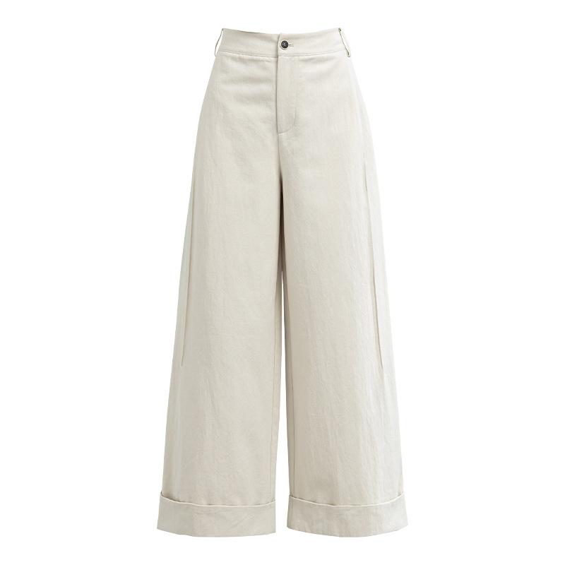 Quần culottes nữ ống rộng cạp cao chất liệu Tencel cotton, dáng suông rủ nhẹ — Xám gạo