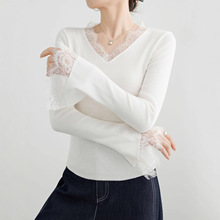 气质v领蕾丝拼接套头毛衣秋冬外贸女装喇叭袖打底衫内搭长袖上衣