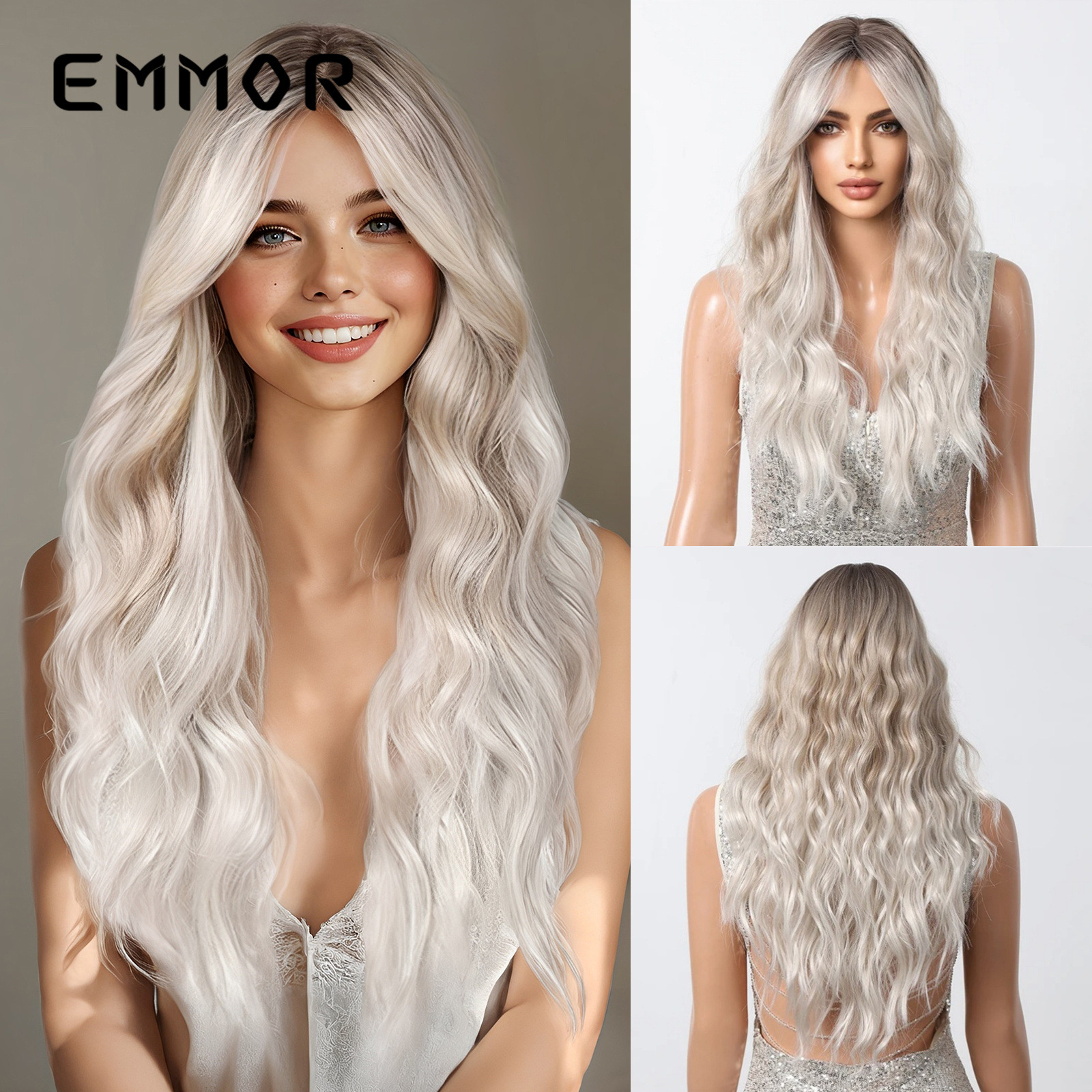 Peluca transfronteriza mujer de ocho caracteres flequillo degradado marrón claro pelo largo y rizado seda mate de alta temperatura cos fibra química cubierta completa