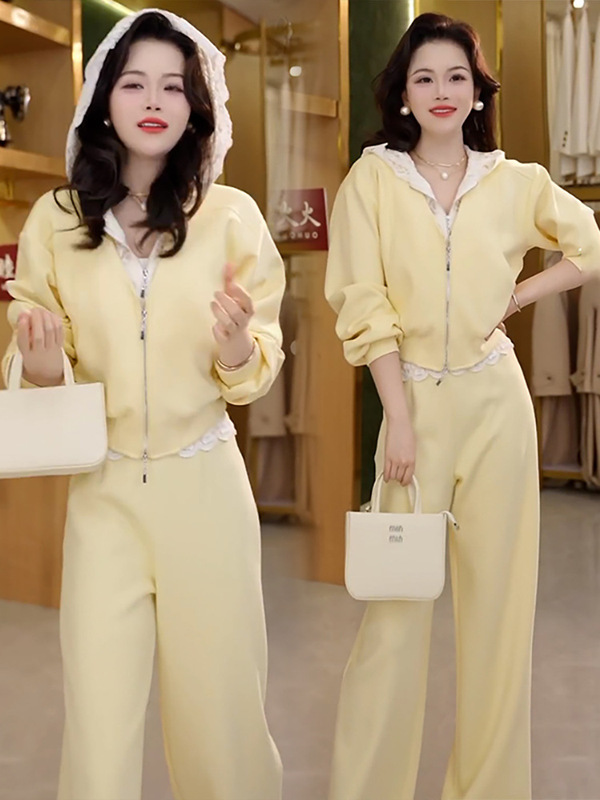 Two-piece Spring and Autumn Leg Women's Casual Wear Pants Age-reducing Successive suit Lace Hat Sweater Wide Western Style Fashionable Slim