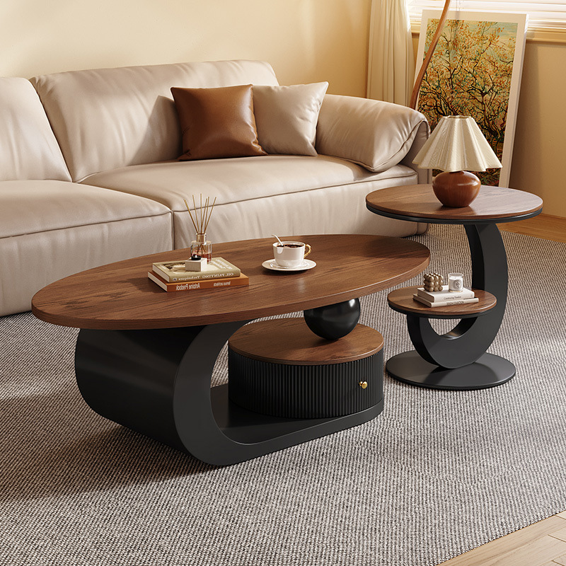 French Style Vintage Coffee Table Living Room Household Small Apartment Walnut Color Oval Tea Table Combination Light Luxury Style High-grade Sense
