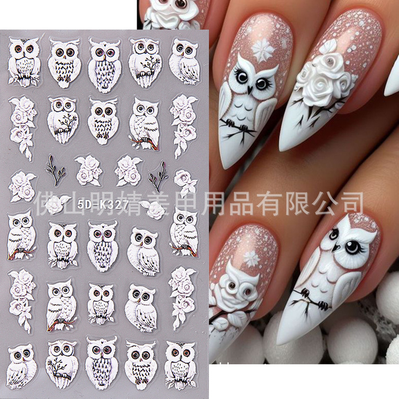 Cross-border new three-dimensional relief nail art stickers autumn and winter owl rose dream catcher three-dimensional nail art 5D stickers