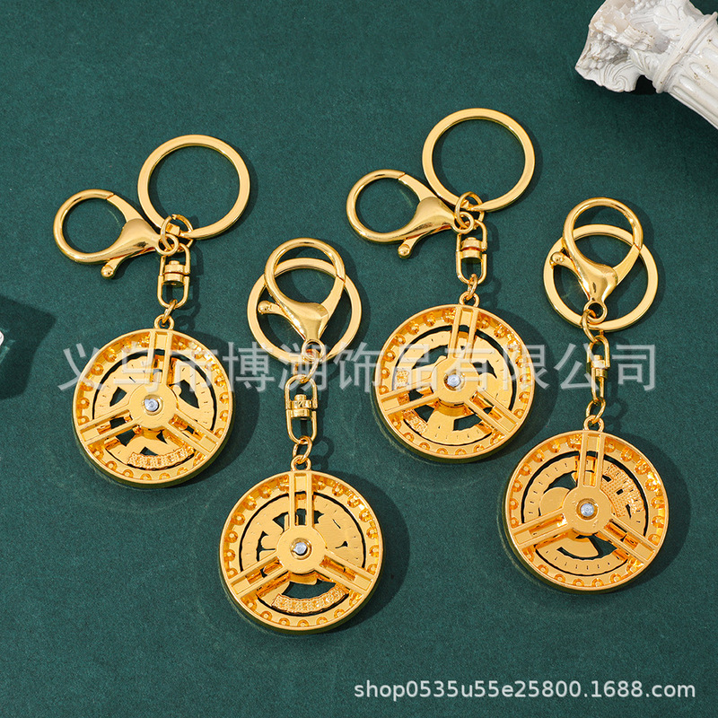 跨境欧美新款创意可旋转发财饰品钥匙扣镶钻时来运转吊坠挂件批发|undefined