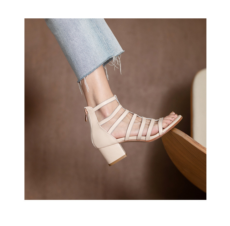Sandal nữ cao gót siêu cao da bò kiểu La Mã cổ cao gót thô — Màu đen chi tiết 9
