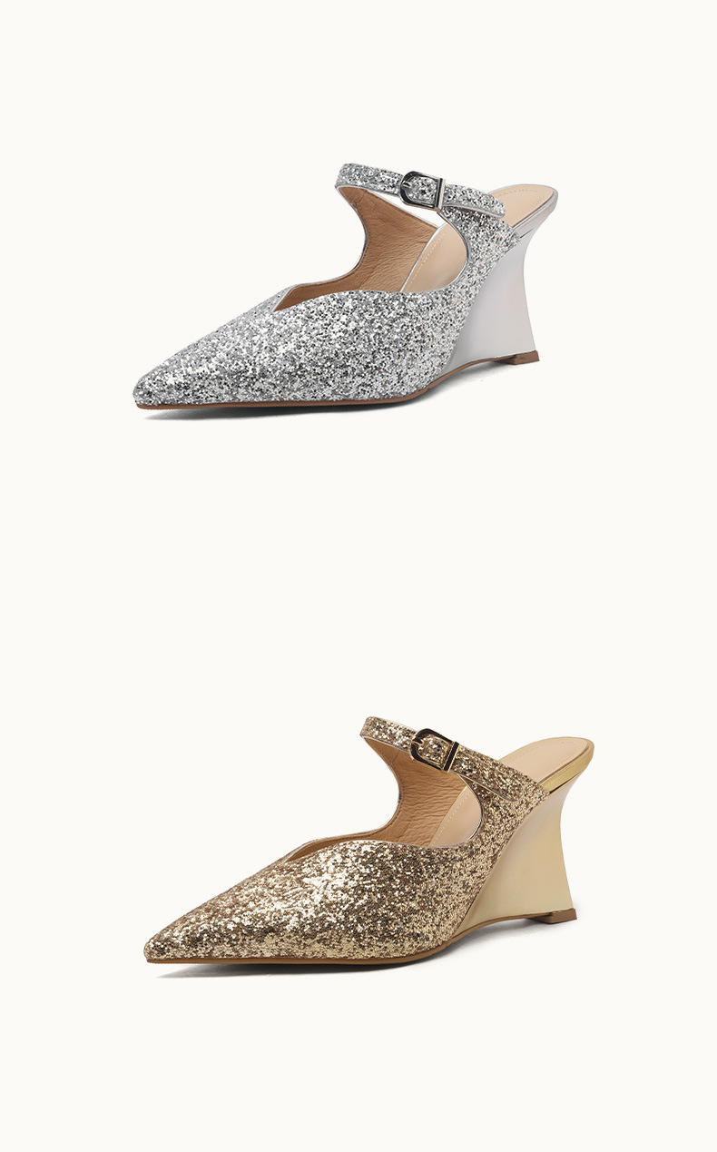 Giày mule nữ mũi nhọn đế xuồng phối sequin lấp lánh — màu vàng, bạc chi tiết 9
