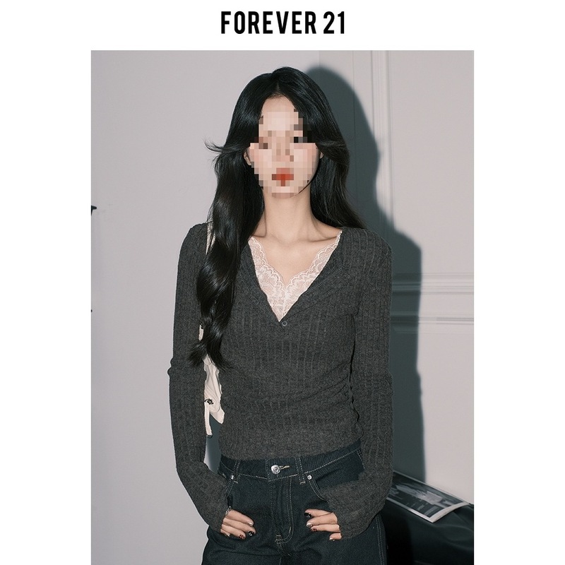 Forever21气质灰色蕾丝假两件V领针织小衫女纯欲修身长袖打底上衣|undefined