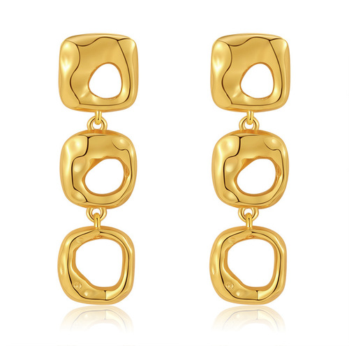 Irregular hollow design niche heavy industry metal high-end feel earrings brass plated 18K gold color retaining long earrings