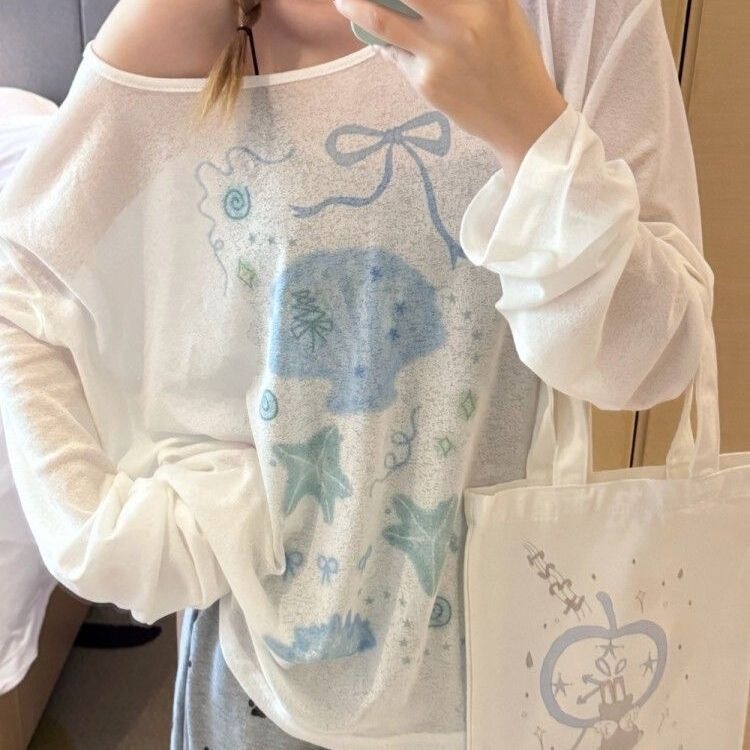 Printed Long-Sleeved T-Shirt, Popular Summer Style, Lazy Sun Protection, Loose Casual Thin Cover-Up, High-End Top, Sun Protection Cover-Up