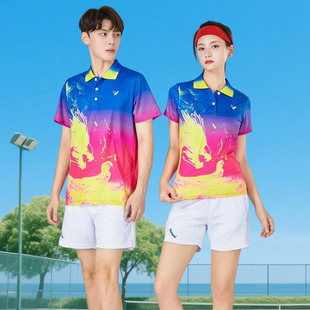 Quick-drying sweat-absorbent badminton clothing suit competition training short-sleeved T-shirt men's and women's lapel tennis table tennis clothing printing