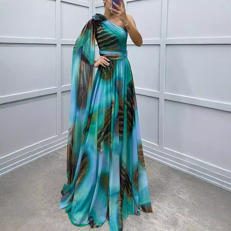 Hot selling lady Genesis High-end Women Long Dress Boutique Chiffon Inclined Shoulder Dating Celebration Evening Dress