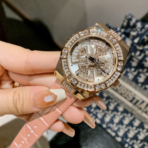 Timini  New Rhinestone Light Luxury Belt Watch Fashionable Temperament Rotating Dial Design Women's Quartz Watch