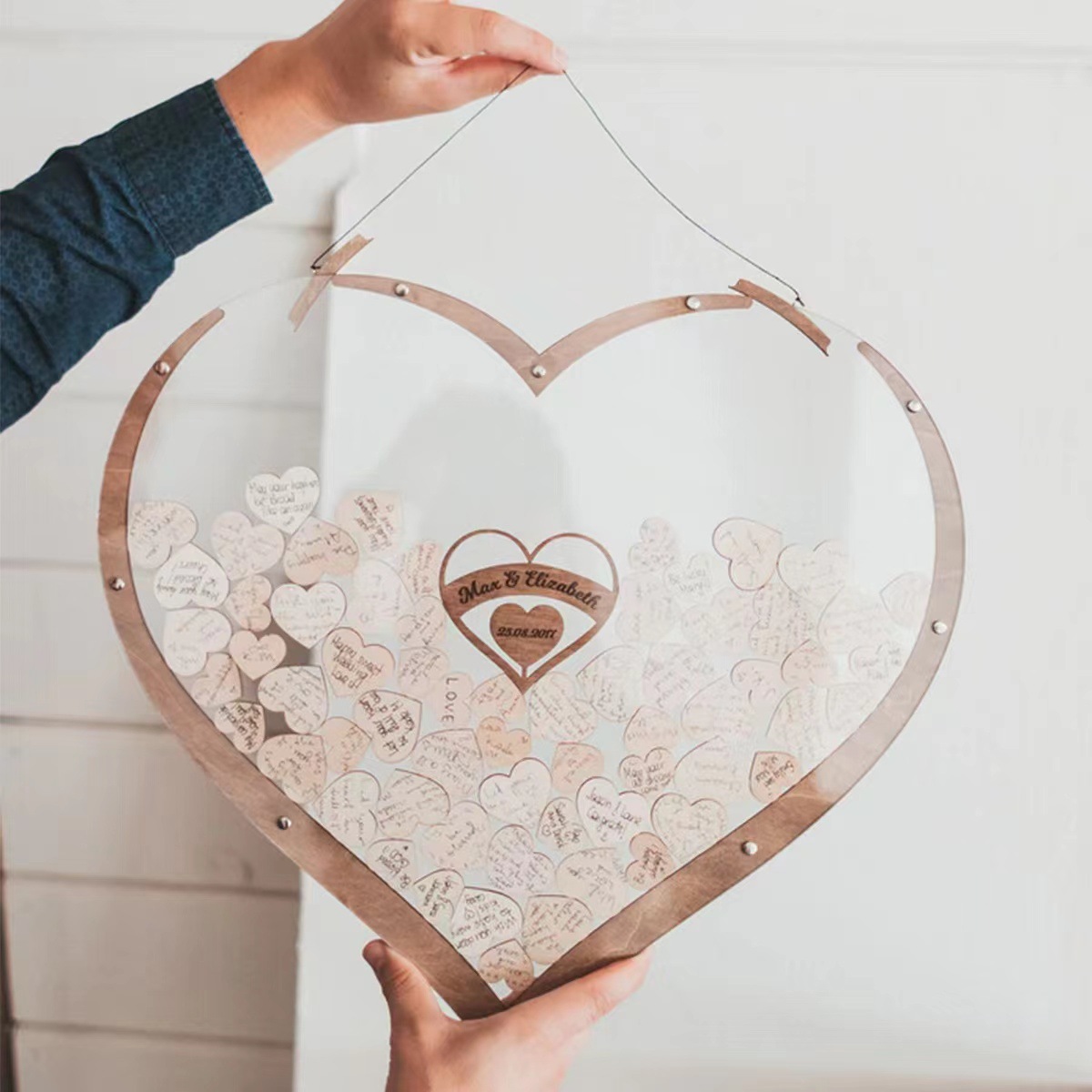 Guest Drop Box: Wooden acrylic heart-shaped wedding guest message box with 80 and 60 hearts to choose from pic 12