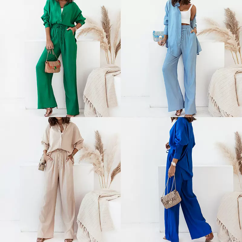 跨境2026欧美女装亚马逊新款 潮流宽松衬衫阔腿时尚套装女两件套