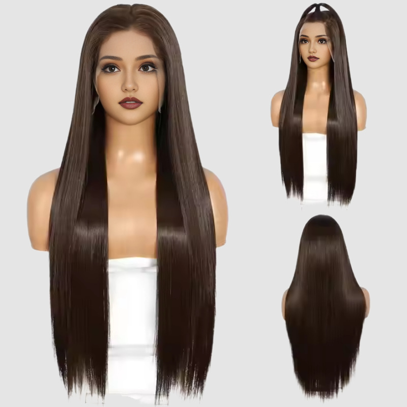 Dark brown golden black front lace half handmade whole wig foreign trade synthetic brown wig Dark brown golden black front lace half handmade whole wig foreign trade synthetic brown wig