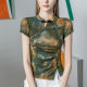 New Chinese Style Collar Mesh T-shirt Women's Short-sleeved 2024 Summer New Vintage Printed Women's Pleated Buckle Top