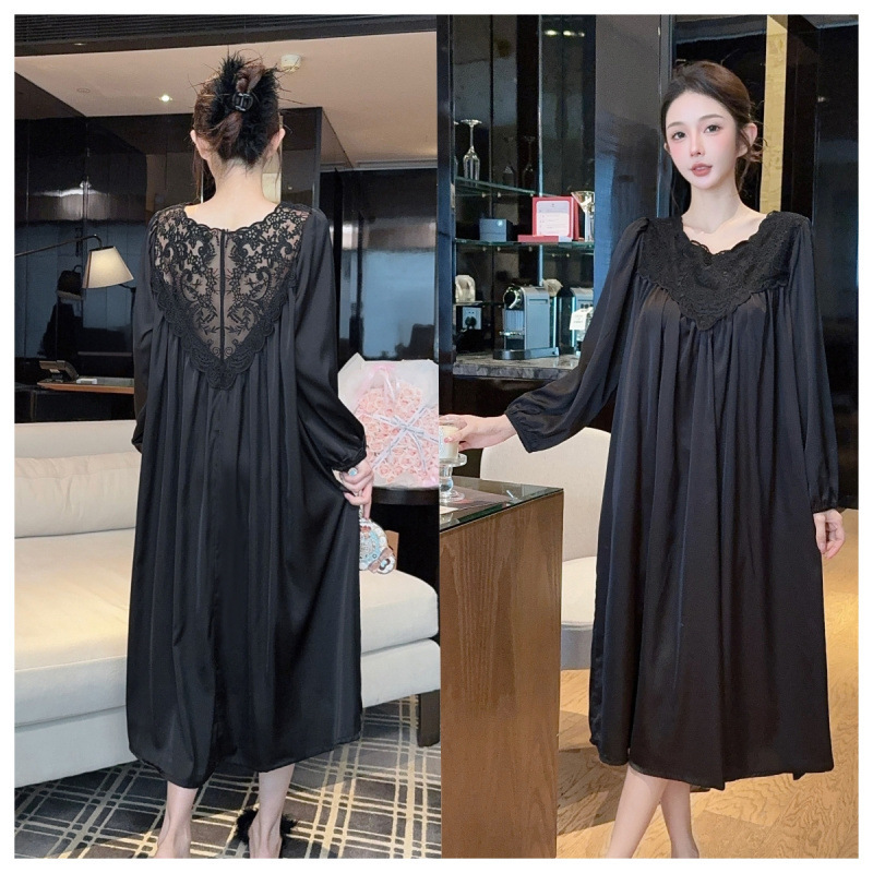Extended-Length Nightgown with Chest Pads, Lace Back Design, Women's Ice Silk Plus-Size Dress, Black Slimming Long-Sleeve Dress Extended-Length Nightgown with Chest Pads, Lace Back Design, Women's Ice Silk Plus-Size Dress, Black Slimming Long-Sleeve Dress