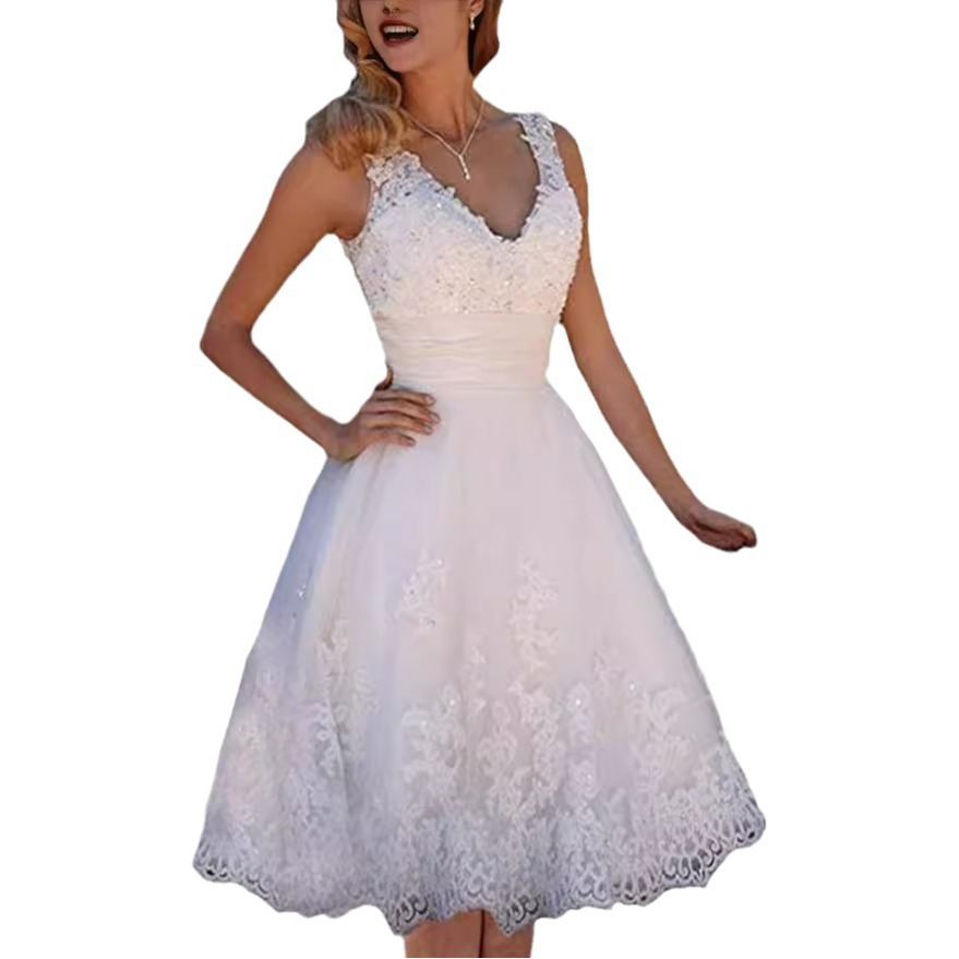 Comercio exterior europeo y americano vestido de novia de encaje corto viaje tul diamantes de imitación con cuello en V vestido de novia vestido retro image 6