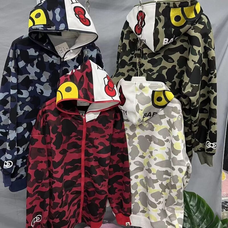2023 Tide Brand BAPE Chinese Tang Style Denim Wash Cloth Hooded Cloth Buckle Cardigan Shark Sweater Coat Tide