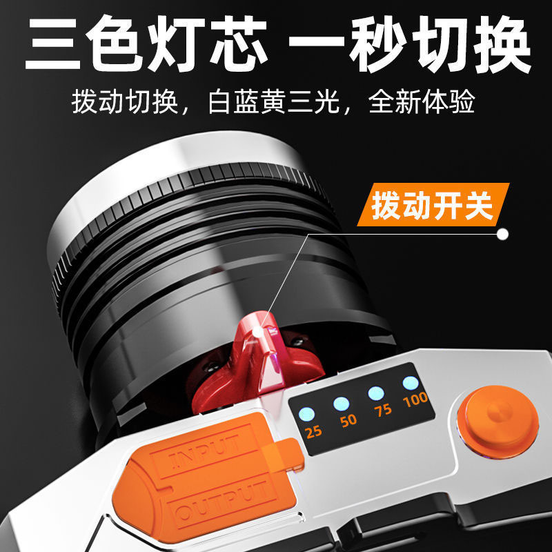 Luz de cabeza al aire libre alta luz de largo alcance USB carga zoom LED auricular tricolor atenuación inductiva luz blanca luz amarilla luz azul
