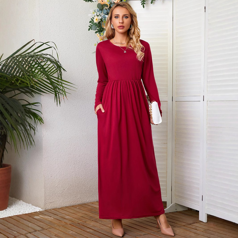 2023 autumn and winter New Amazon cross-border supply round neck long sleeve solid color casual pocket dress mop dress