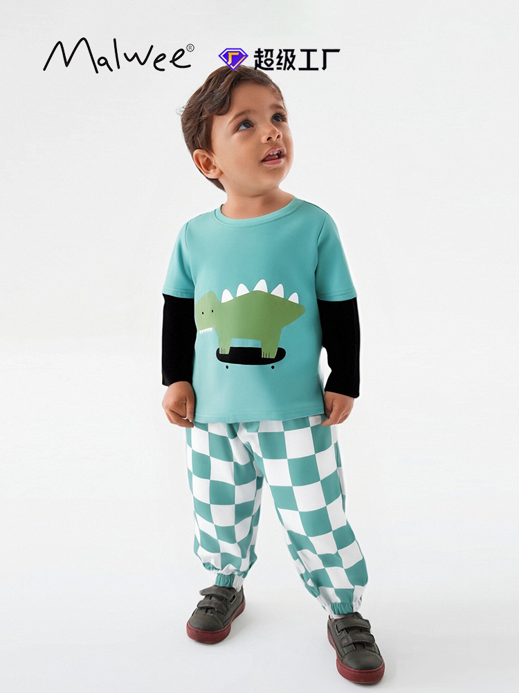 Malwee transfronterizo de dos piezas para niños otoño y invierno nuevo estilo europeo y americano para niños de mediana edad cuello redondo manga larga guapo otoño conjunto infantil