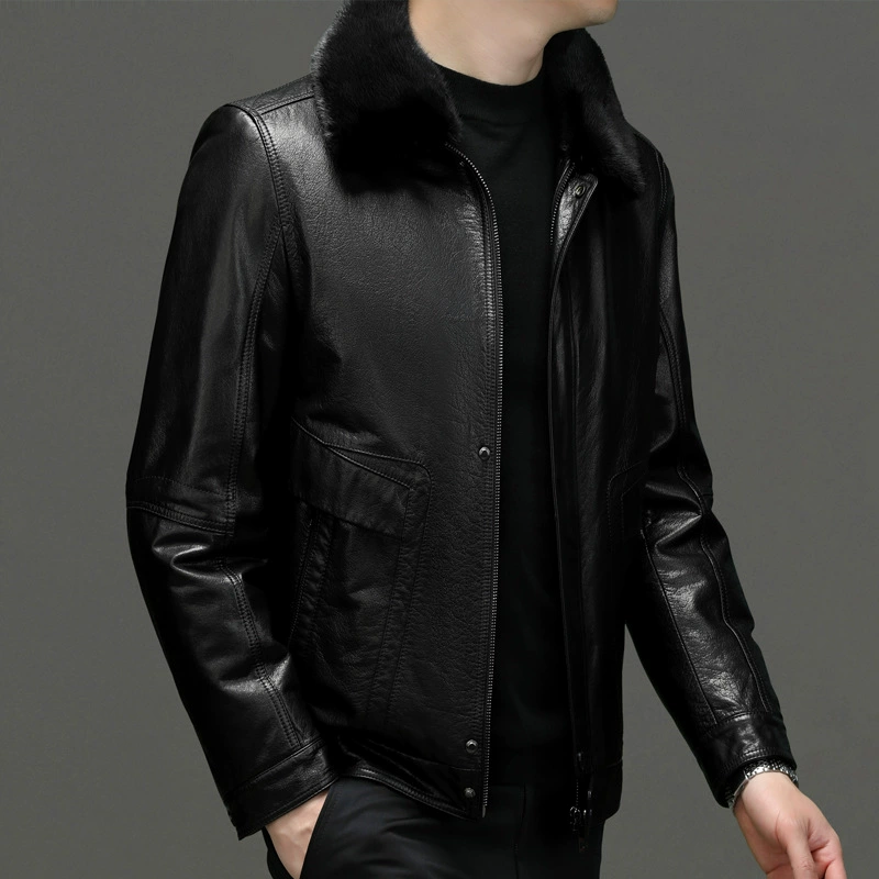 Leather winter removable liner with down, jacket, cowhide, genuine leather, feather stuffing