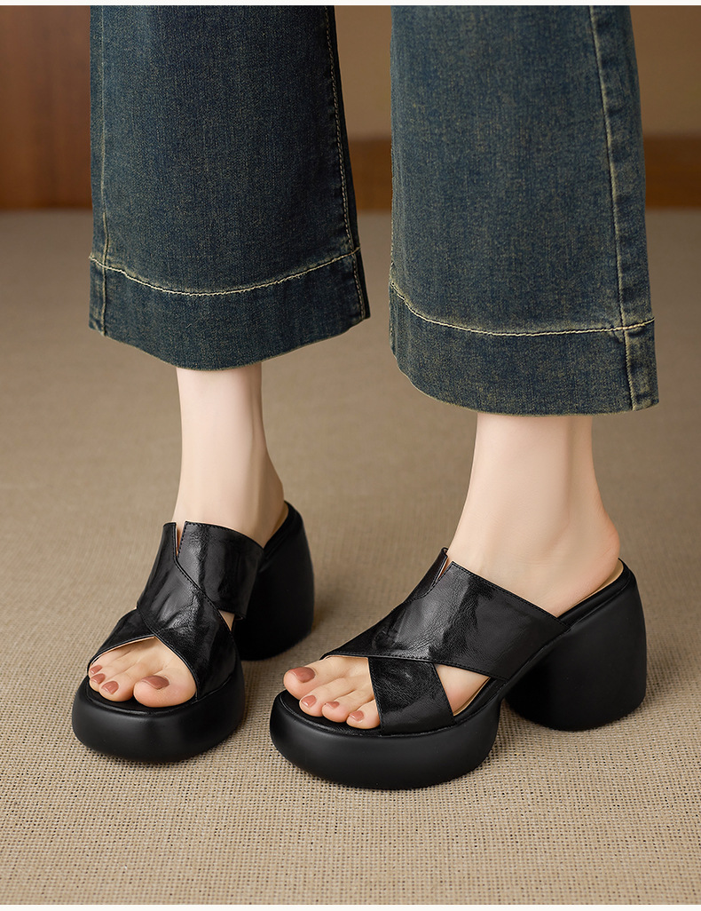 Sandal cao gót nữ quai chéo hở mũi đế platform đế dày gót 9 cm — màu đen, màu trắng ngà chi tiết 8