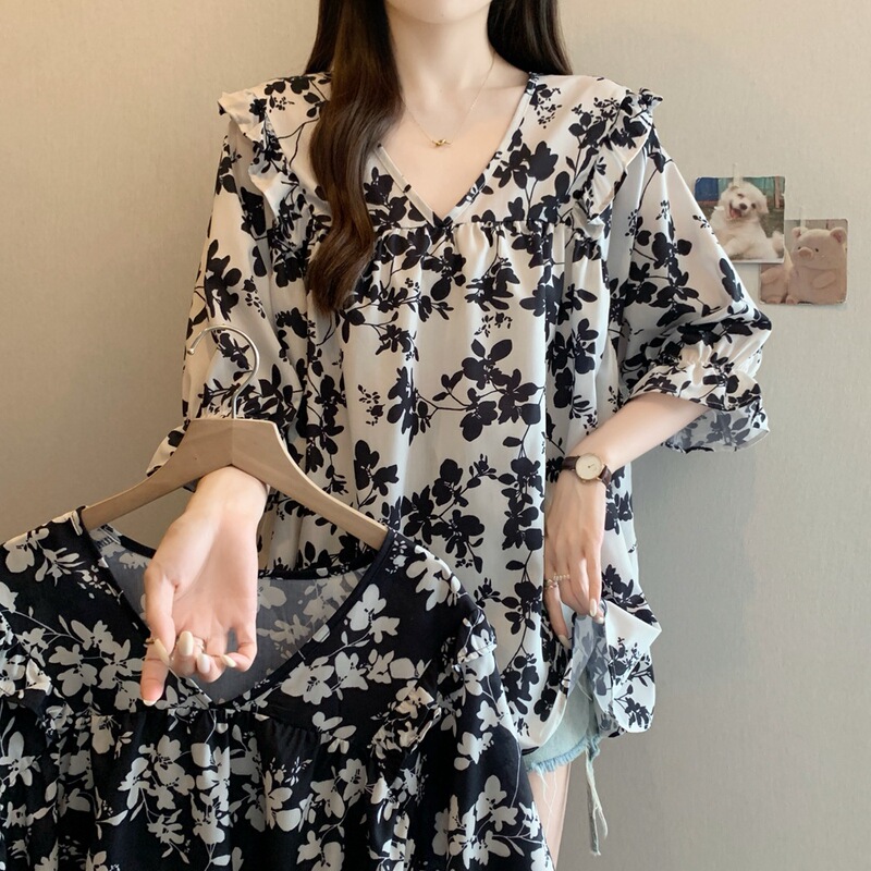 Summer Plus-Size Women's Mid-Length Sweet Lace Floral Puffy Shirt Doll Shirt m 4XL 100kg
