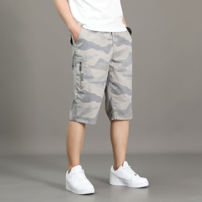Camouflage Cropped Pants for Men, Slim Fit Casual Shorts, Loose Pure Cotton 7/8 Pants, Thin Style Dad Shorts, Beach Pants