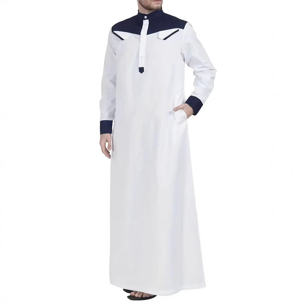 Men's Oversized and Extended Length Button-Up Stand-Collar Robe with Color-Blocking, Loose-Fitting Long Gown