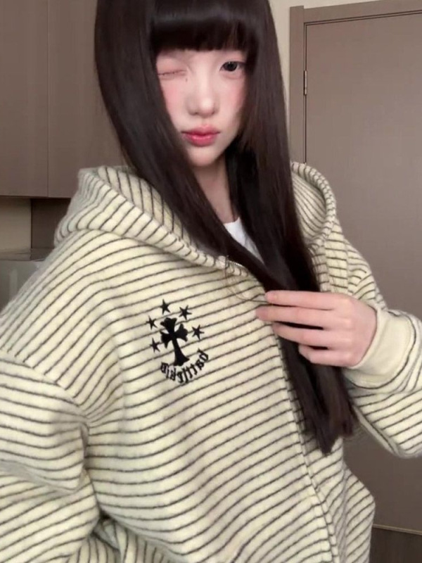 美式独特条纹连帽卫衣女2025新款春秋宽松慵懒风拉链外套ins潮|undefined