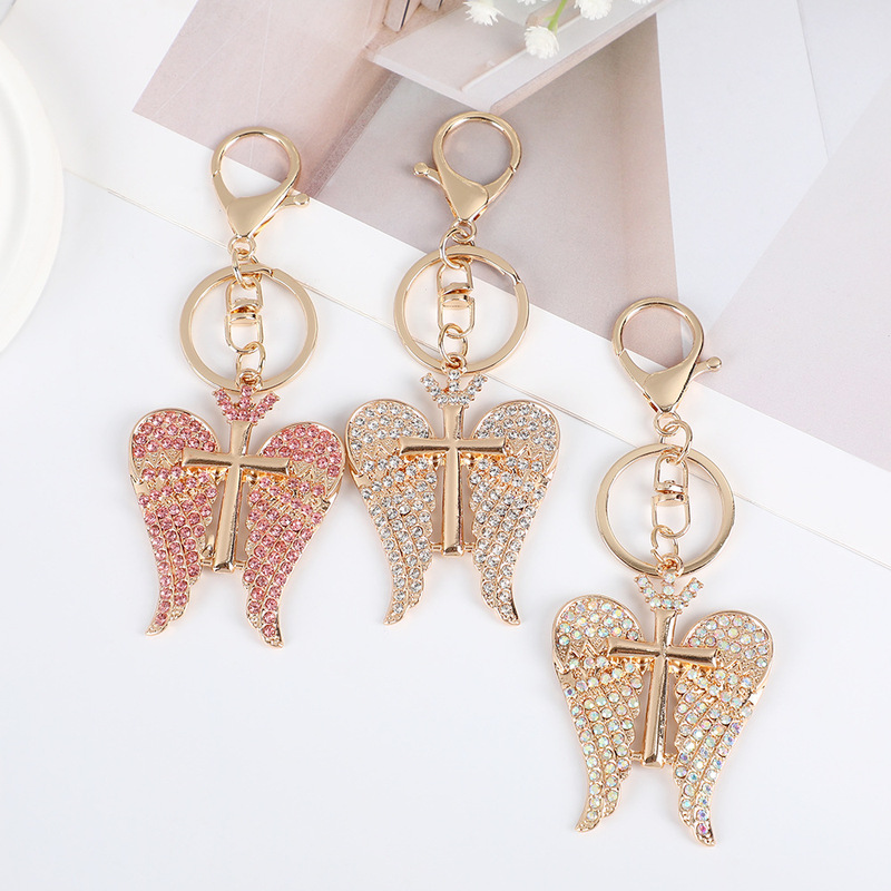 Fashion Personality Full Diamond Keychain Double Wings Cross Light Luxury Keychain Niche Design Sense Alloy Bag Pendant Fashion Personality Full Diamond Keychain Double Wings Cross Light Luxury Keychain Niche Design Sense Alloy Bag Pendant