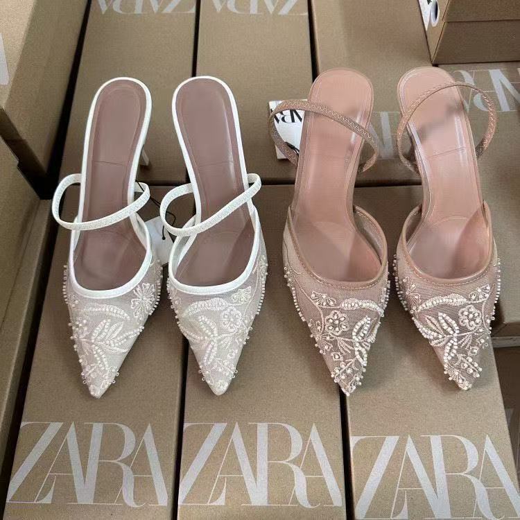 Za New Women's Shoes, White Shallow Embroidered Mesh High Heels, Stiletto Heels, Pointed Toe Mules, Stylish Wedding Shoes Za New Women's Shoes, White Shallow Embroidered Mesh High Heels, Stiletto Heels, Pointed Toe Mules, Stylish Wedding Shoes
