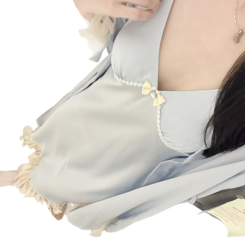 Yase【美女日常】睡衣女春夏新款花瓣冰丝纯欲感吊带长袖睡袍睡裙|undefined