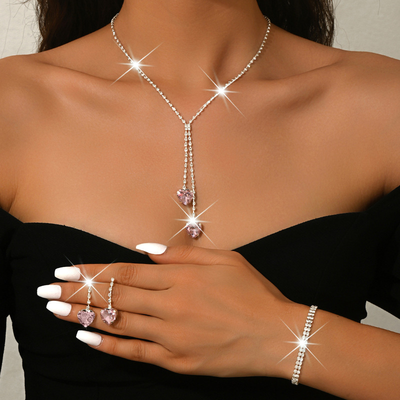 Environmentally Friendly Electroplating Korean New Sweet Pink Crystal Heart Tassel Necklace Earrings Bracelet Set Fashionable and Versatile