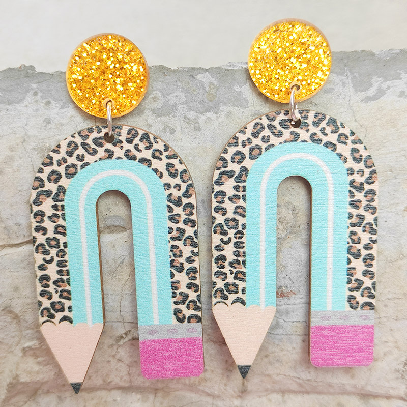 1 Pair Novelty Simple Style Rainbow Leopard Pencil Printing Arylic Wood Drop Earrings display picture 4