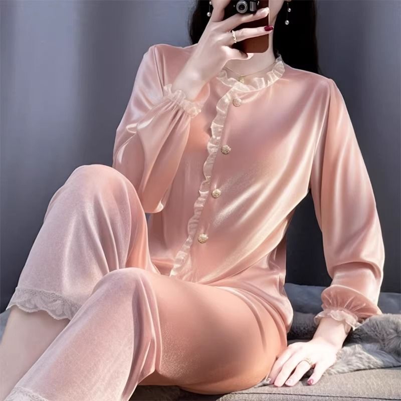 Plus Size High-End Diamond Velvet Pajamas for Women Autumn and Winter Long-Sleeved Doll Collar Gold Velvet Pure Color Home Wear Set