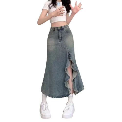 A-line fish-tail maxi skirt with high-waist, mid-length, suitable for casual and versatile wear, regular fit, pure color denim dress.