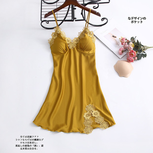 Spring and Autumn Nightgown Women's Summer Ice Silk Solid Color Sexy Sling Strap Lace Hot Thin Pajamas Home Clothes with Chest Pad