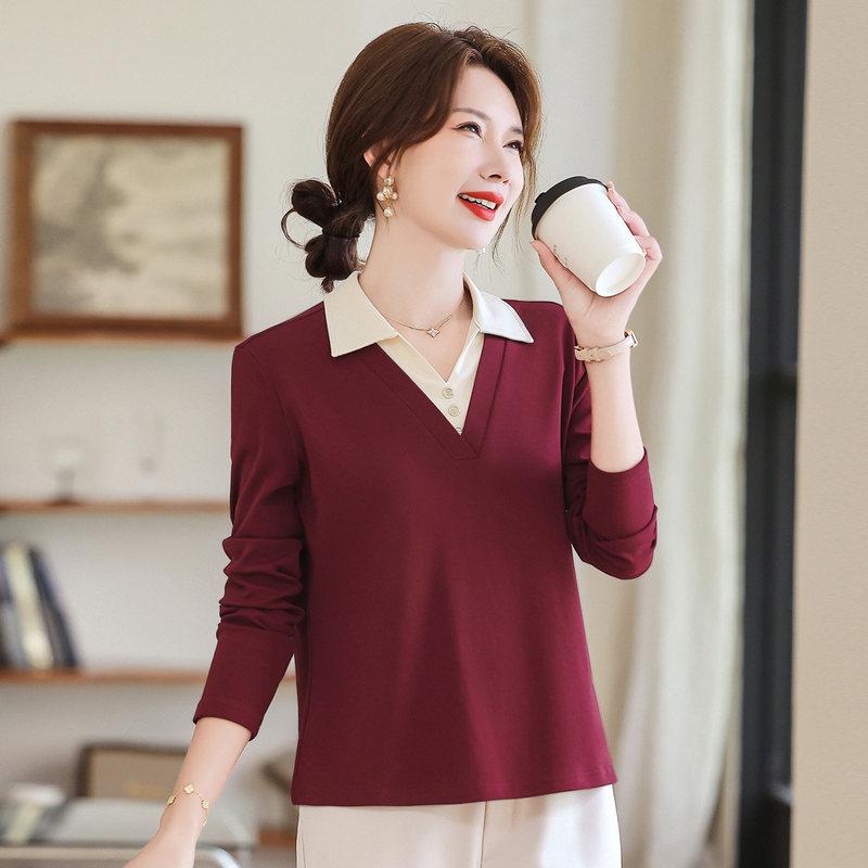 【Cotton 92% Spandex 8%】Autumn Stylish and Fashionable Color-Blocked Collared Top, New Versatile Simple Casual Top