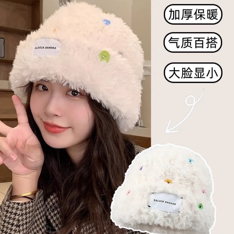 新款针织帽子女冬季毛线条纹显脸小毛绒保暖加厚大头围护耳堆堆帽