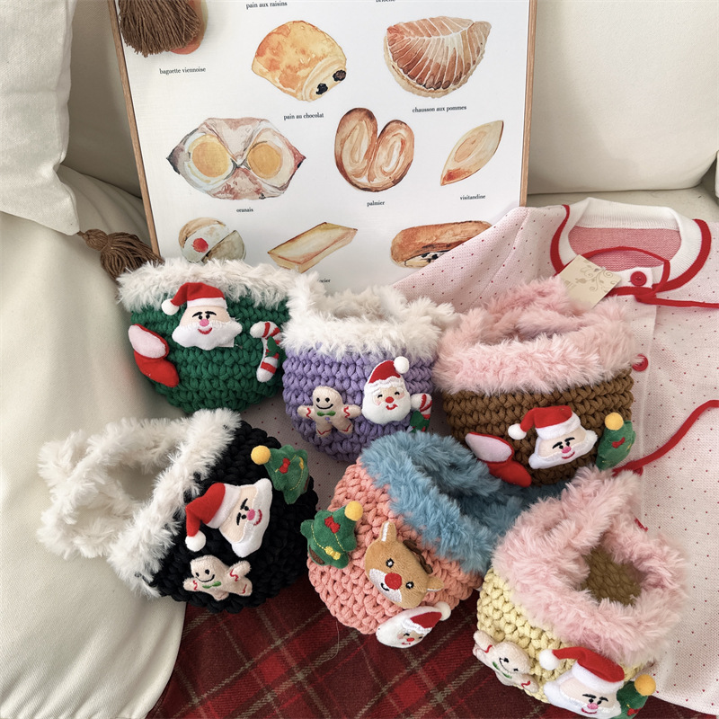 Cestas de comida portátiles de lana ganchada a mano para bebés, bolsas de miel mini lindas, bolsas de invierno y otoño para niños de peluche