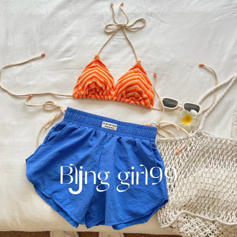 【Salmon】Vacation Pure Desire Beach Two-Piece Swimsuit Women's Bikini Orange Bikini Sexy Three-Piece Style