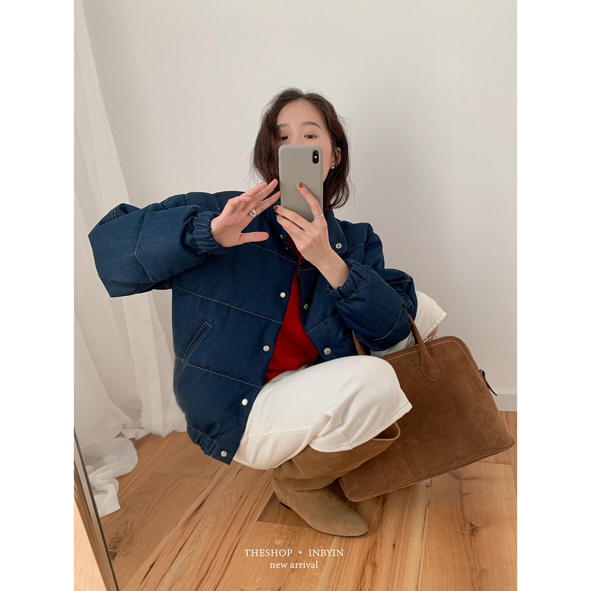 易恩欧inbyin韩系牛仔羽绒服女小个子冬季外套短款立领保暖面包服